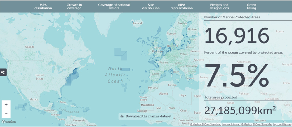 Figure 1: Sample map showing marine protected areas and statistics from the protectedplanet.net website