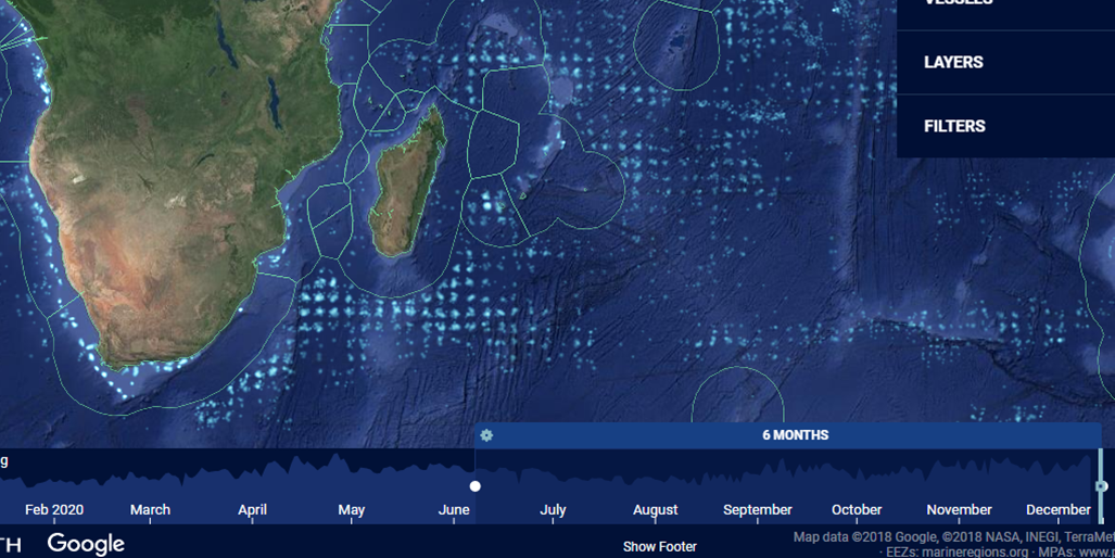 Map from Global Fishing Watch showing 6 months  of fishing activity ending 14 December 2020 in south west Indian Ocean.